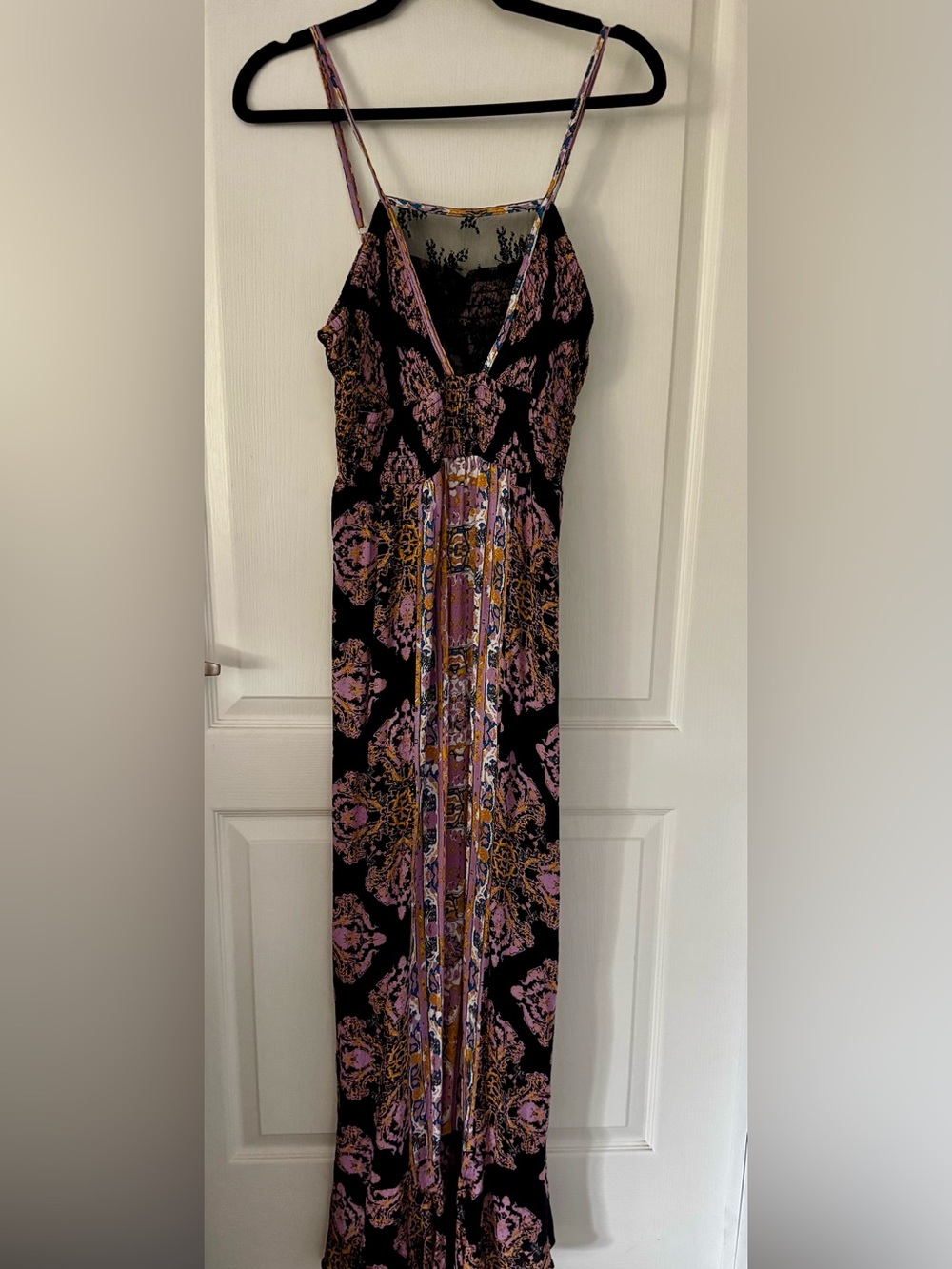 Free People Black Floral Print Maxi Dress with Pink and Gold Accents NWT